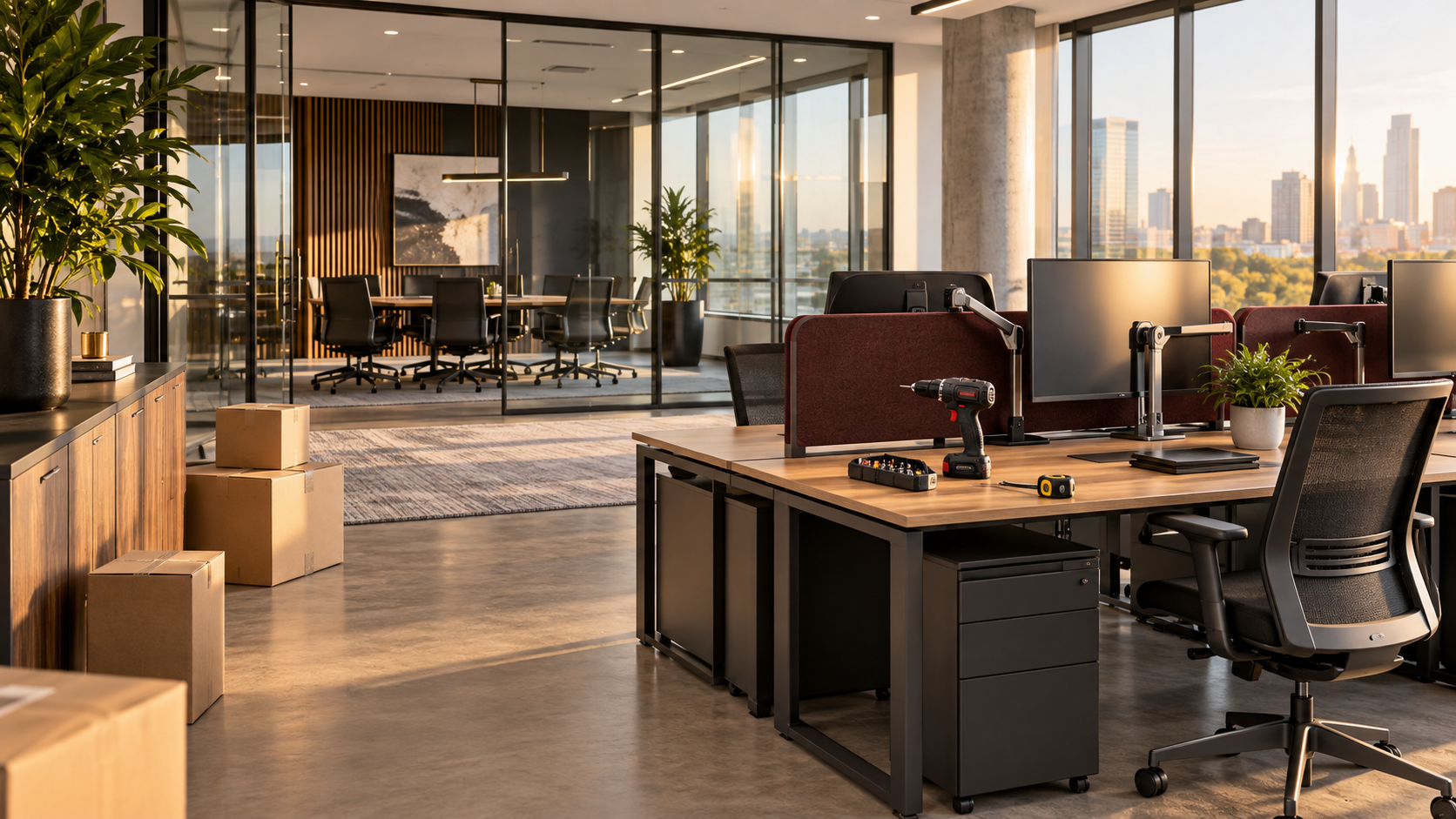 A professionally installed commercial office workspace with furniture, equipment, and organized installation tools